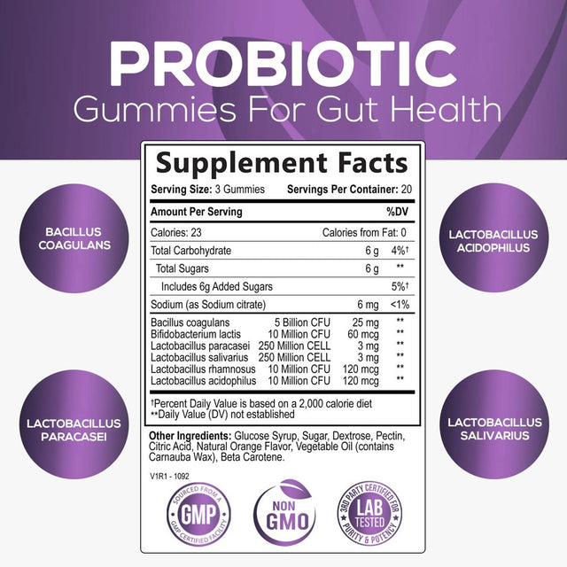 Nature'S Nutrition Probiotics for Women & Men Gummy, Extra Strength 5 Billion CFU, Lactobacillus Acidophilus Daily Probiotic Supplement, Supports Immune & Digestive Health, Orange Flavor, 60 Gummies