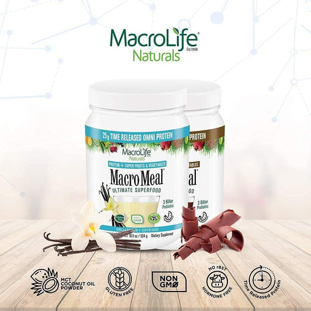 Macromeal Omni Superfood Powder On-The-Go Bundle - Time-Release Protein Blend, Greens, Digestive Enzymes, Fiber, Energy Boost, Vanilla 18.5Oz Tub (15 Servings) +10 Packet Servings