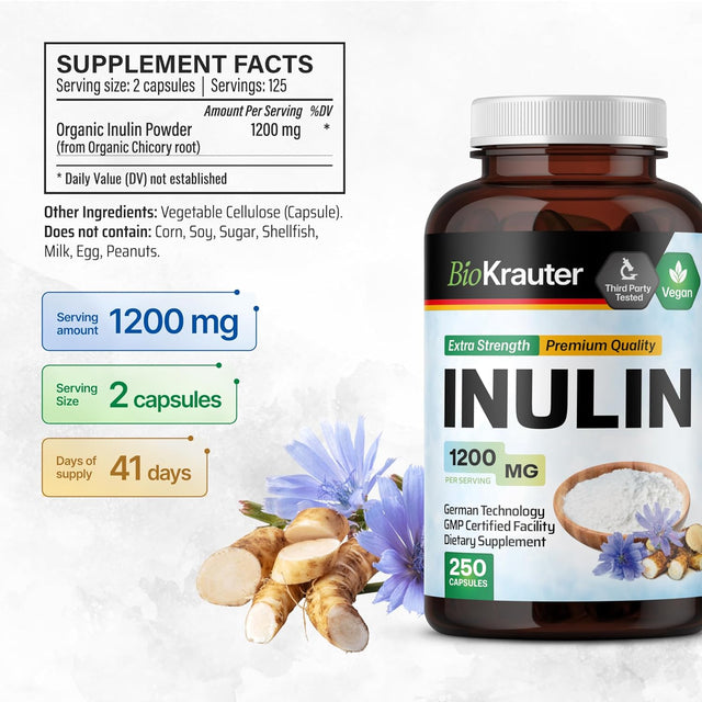 Inulin Powder Capsules - Organic Fiber Supplement - 1200Mg Chicory Root Fiber Pills for Digestive Support - Pure Soluble Fiber Supplements - 250 Vegan Tablets