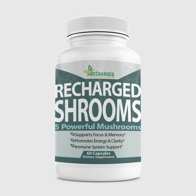 Recharged Shrooms- Nootropic Brain Supplement W/ Lions Mane, Reishi, Chaga for Energy, Focus, Clarity, Memory- Mushroom Complex