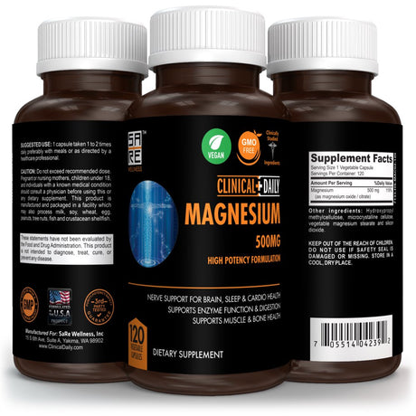 CLINICAL DAILY Pure Magnesium Citrate Capsules High Potency 500Mg with Natural Magnesium Oxide. Vegan Magnesium Supplement for Women and Men Supports Rest, Enzyme and Nerve Function. 120 Ct 2 Months