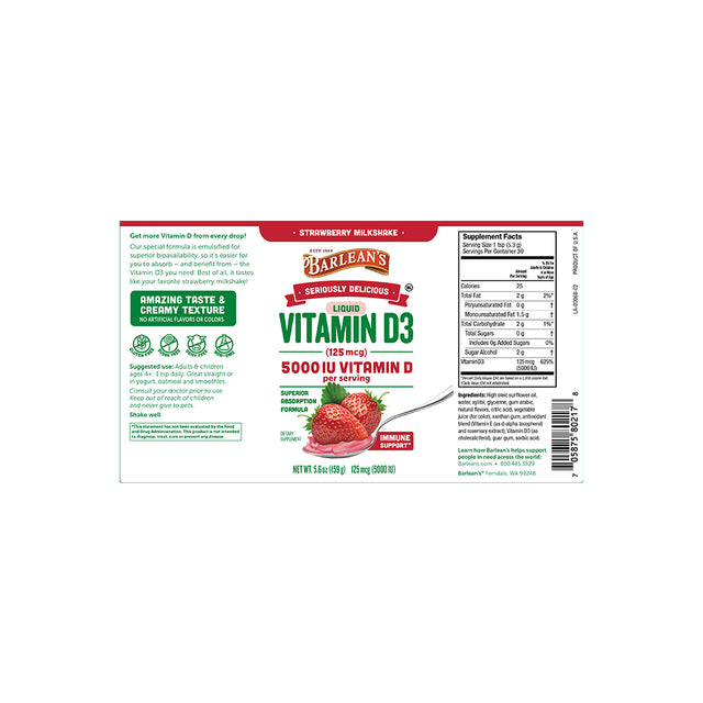 Barlean'S Seriously Delicious Strawberry Milkshake Vitamin D3 Supplement - Vegan, Sugar-Free, Non-Gmo, Gluten Free - 5.6 Oz