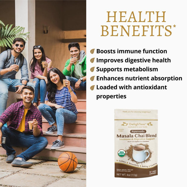 Delighteas Organic Masala Chai Powder for Chai Spice Tea Latte | Digestion and Immune Support | Ayurvedic Spices for Chai Latte | Caffeine Free, Unsweetened, Vegan, Keto (100 Servings, 4 Oz.)