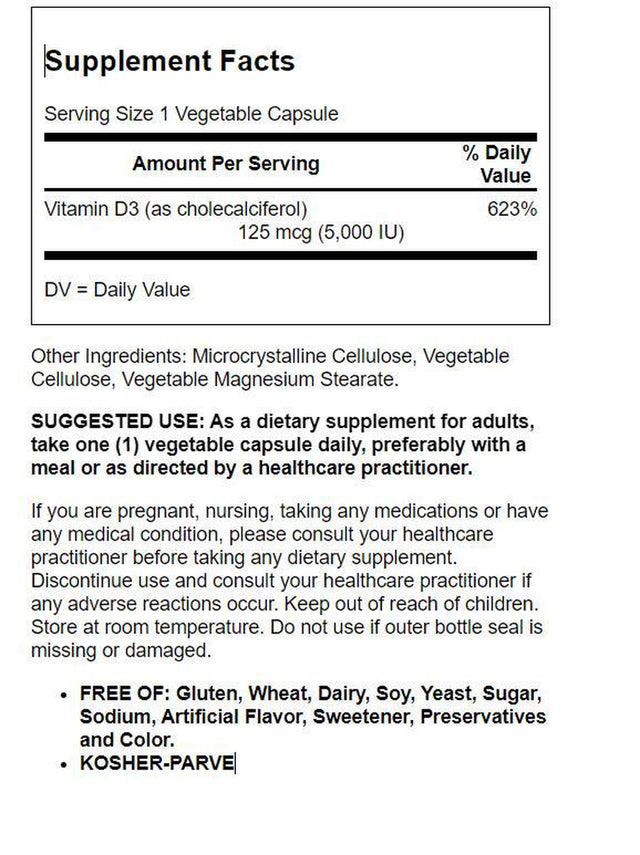 Solgar Vitamin D3 Cholecalciferol 5000 IU - 120 Vegetable Capsules