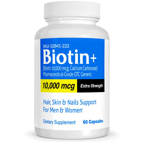 Biotin Pharmaceutical Grade OTC Extra Strength Hair Growth, Skin Health, 60 Ct, Vitasource