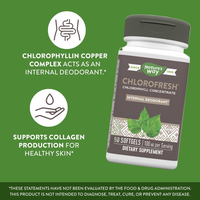 Nature’S Way Chlorofresh Chlorophyllin Concentrate, Supports Detoxification Pathways*, Chlorophyllin Copper Complex, Supports Healthy Skin*, Internal Deodorant*, 100 Mg per Serving, 90 Softgels