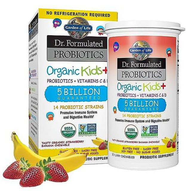 Garden of Life Dr. Formulated Probiotics Organic Kids+ plus Vitamin C & D, Strawberry Banana, Gluten Dairy & Soy Free Immune & Digestive Health Supplement, No Added Sugar, 30 Chewables (Shelf Stable)