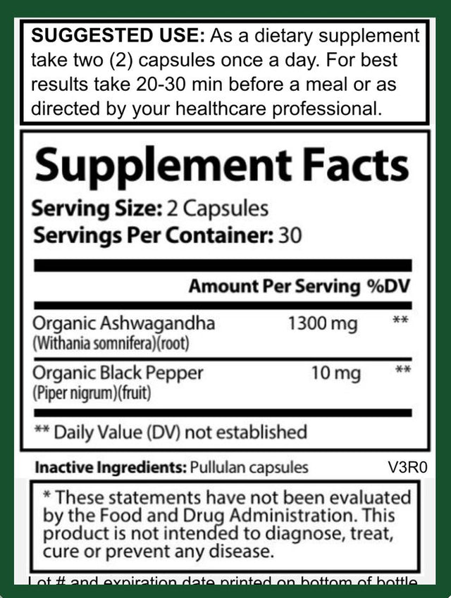 Hybrid Nutraceuticals Organic Ashwagandha Supplement 1300Mg with Black Pepper - Anxiety & Stress Relief, Enhance Mood - 60 Capsules