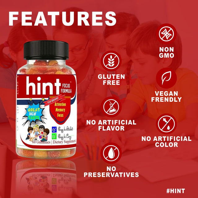 HINT Kids Brain Focus Gummies for Attention & Memory for Teens, Natural Vitamins with Omega DHA- 60 Ct