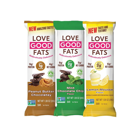 Love Good Fats Keto Protein Snack Bars - Chocolate Lover Variety Pack - 1-2G Sugar, 8-10G Protein, 5G Net Carbs, Gluten-Free, Non GMO - Peanut Butter, Mint, Lemon Mousse, Coconut - 4 Flavors (12 Pack)