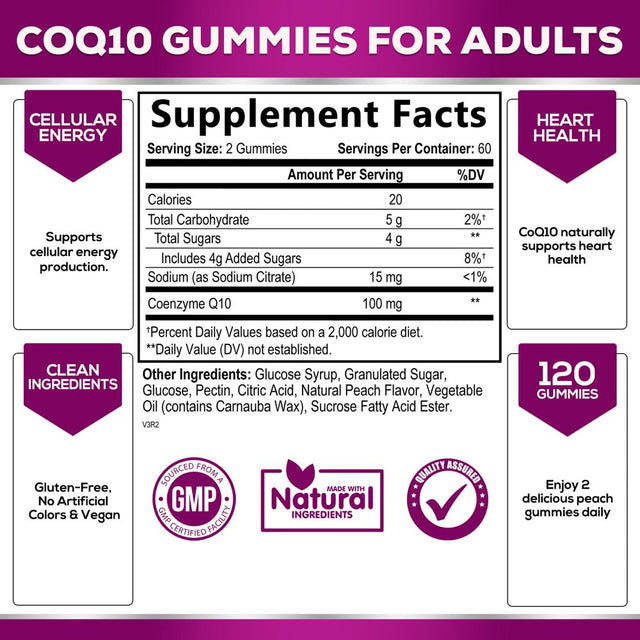 Coq10 Gummies, Coq10 100 Mg Supplement for Heart Health Support & Cellular Energy Production - Gluten Free Vegan & Non-Gmo Antioxidant with Max Absorption Coenzyme Q10 Gummy Supplements - 120 Gummies