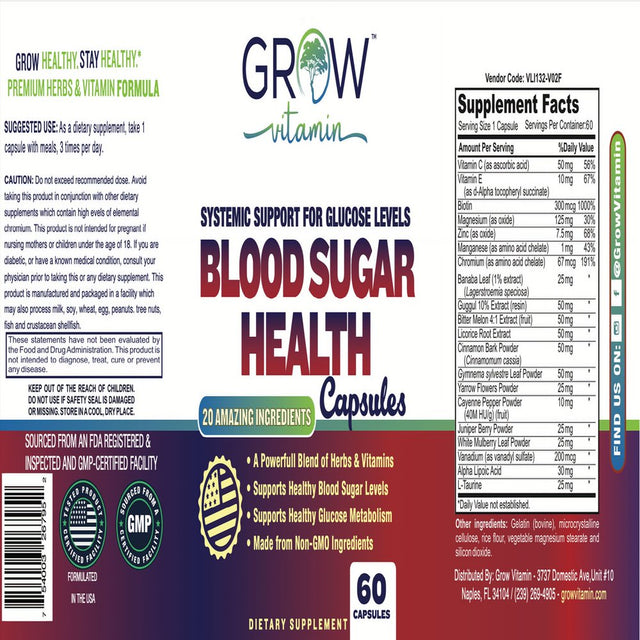 Grow Vitamin Blood Sugar Support - Cinnamon, Banaba, Bitter Melon, Guggul, Chromium Picolinate, 20 Vitamins & Herbs, (60 Count)