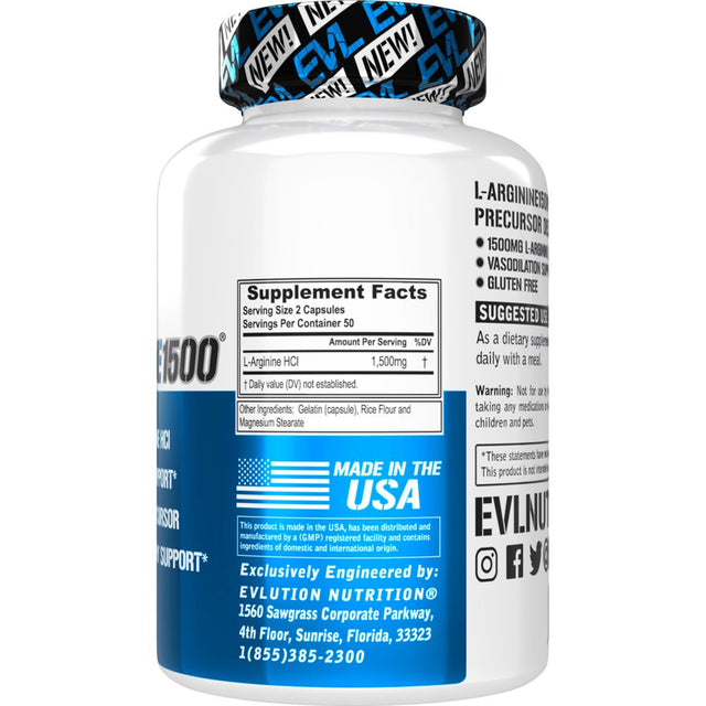 L-Arginine Nitric Oxide Pre Workout - Evlution Nutrition L-Arginine Nitric Oxide Booster Supplement for Muscle Growth & Vascularity - Powerful NO Booster with Essential Amino Acids 50 Servings