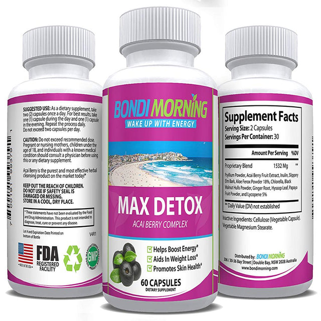 Bondi Morning Max Detox Dietary Supplement – Pure Herbal Ingredients, Acai Berry, Papaya & Ginger, Promotes Colon Cleansing & Removes Toxins – 60 Capsules