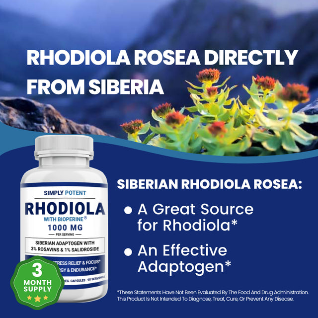 Siberian Rhodiola Rosea Capsules, Max Absorption Rhodiola 1000Mg 180 Pills with 10Mg Bioperine, Rhodiola Root Powder Extract Supplement W 3% Rosavins & 1% Salidroside for Stress Relief, Mood & Energy