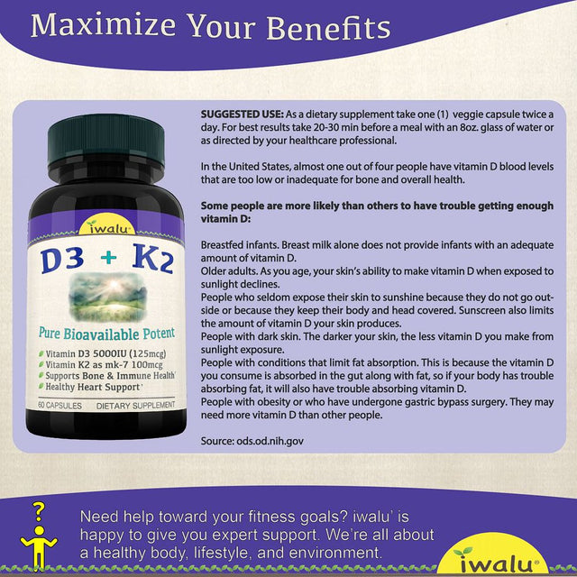 Vitamin D3 K2 MK7 Supplement - Promotes Heart, Bone & Teeth Health, Non-Gmo Formula, Vit D3 5000 IU & 100 Mcg Vitamin K2 MK-7 Easy Swallow Vitaminas D & K Complex for Women & Men IWALU 60 Capsules