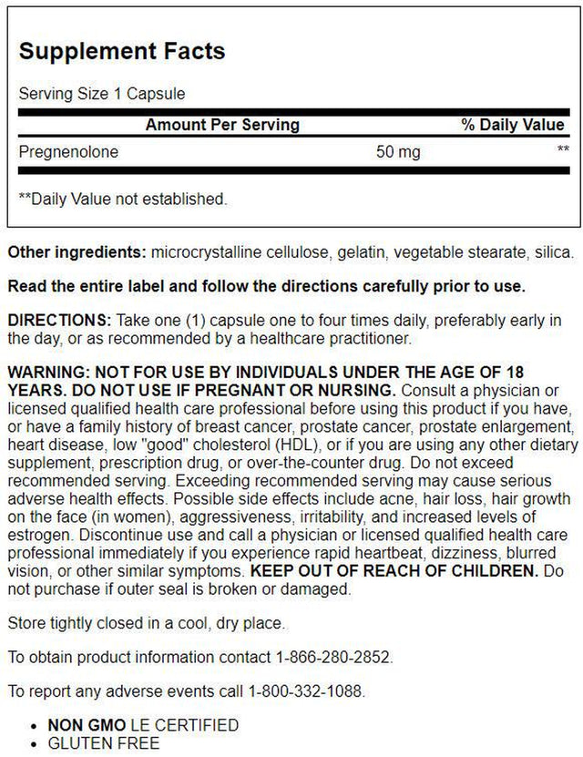 Life Extension Pregnenolone, 50 Mg - Hormone Balance, Anti-Aging & Longevity, Memory/Cognition Supplement - Gluten-Free, Non-Gmo - 100 Capsules