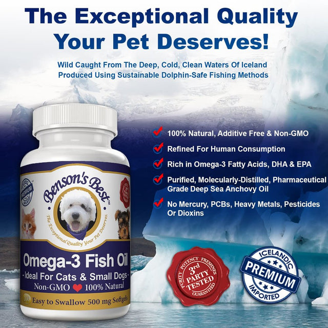 Benson'S Best Omega-3 Fish Oil for Cats & Small Dogs. Provides 43% More Omega-3 than Salmon Oil! 100% Pure, Natural & Non-Gmo, 200 Easy to Swallow 500 Mg Softgel Capsules: Ideal for Cats & Small Dogs!