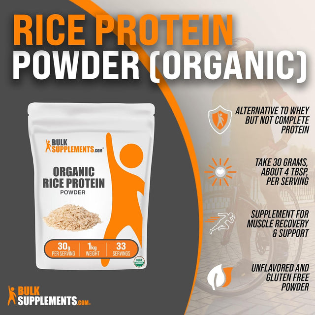 BULKSUPPLEMENTS.COM Organic Rice Protein Powder - Unflavored Protein Powder, Plant Protein Powder - Vegan Protein Powder, Dairy Free & Gluten Free - 30G per Serving, 1Kg (2.2 Lbs)