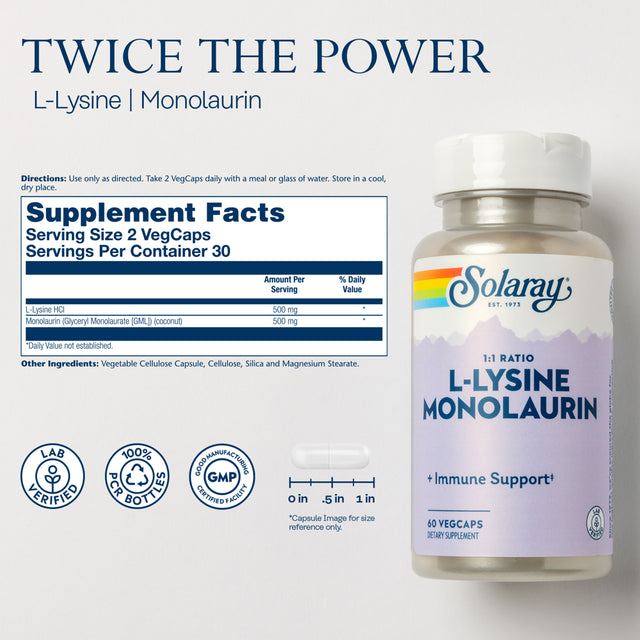 SOLARAY L-Lysine Monolaurin Immune Supplement | 1:1 Ratio for Immune System Function & Skin Health Support, 60 Vegcaps, 30 Serv.