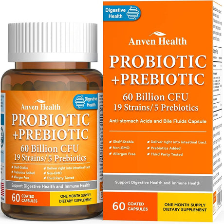 Prebiotics & Probiotics for Women and Men - Probiotics 60 Billion, 19 Strains Acidophilus Probiotic Supplement for Gut Digestive, Immune, Feminine Health, Shelf Stable Soy & Dairy Free | 60 Vegan Caps