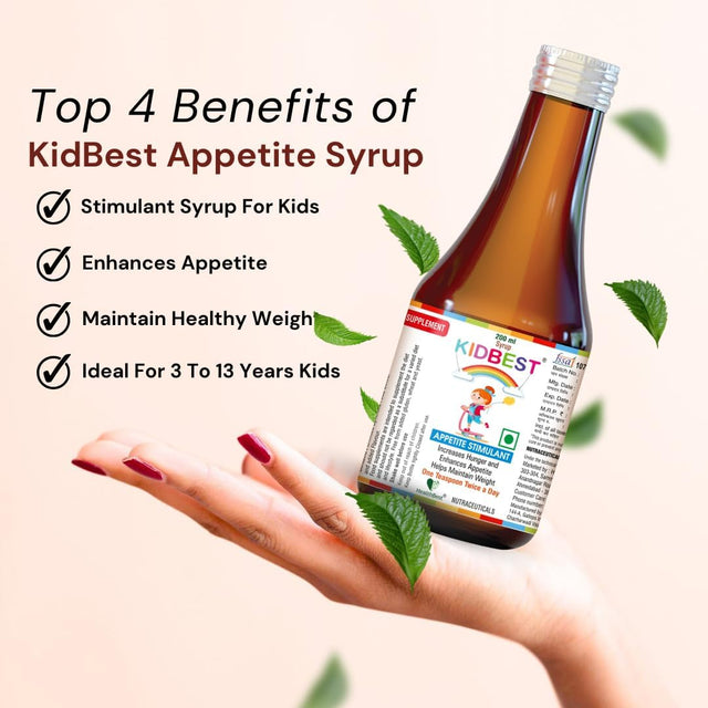 Kidbest Appetite Stimulant Syrup for 3-13 Yrs Kids | Increase Hunger | Helps Maintain Weight | Gluten Free | L-Lysine Hci,Vitamins B1,B2,B6,B12 | 200 Ml