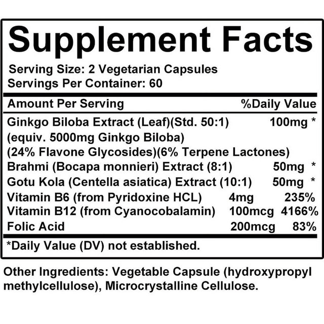 Ginkgo Biloba Supplement - with Vitamins B6 B12 - Standardized Extract 24% Ginkgo Flavonoid Glucosides 6% Terpene Lactones - Brain Memory Mental Clarity Alertness Energy Mood-60Capsules