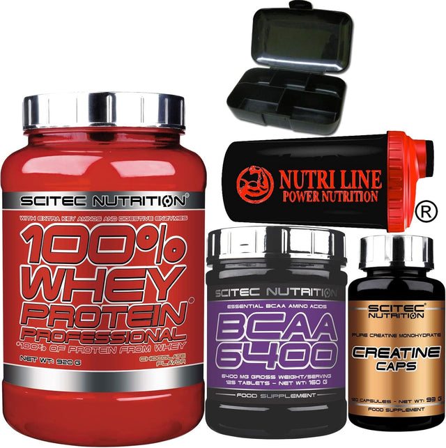 Scitec Nutrition 100% Whey Protein Professional 920 Gr Proteine Siero Del Latte Con 125 Bcaa 6400 125 Compresse, 120 Capsule Creatina, Shaker Nutriline E Portapillole (Cheesecake AL Limone) *#