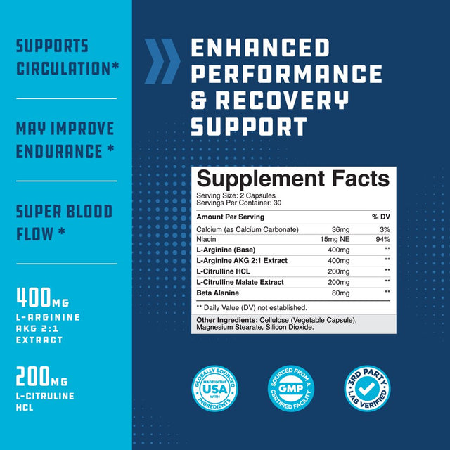 Pre Workout Nitric Oxide Supplement - Extra Strength L Arginine L Citrulline Supplement with Beta Alanine Nitric Oxide Booster for Enhanced Performance Strength Vascularity and Muscle Recovery