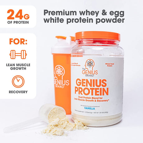 Whey Protein Powder for Lean Muscle Growth & Recovery - Dual Protein Blend Egg White Isolate, Vanilla, Genius Protein by the Genius Brand