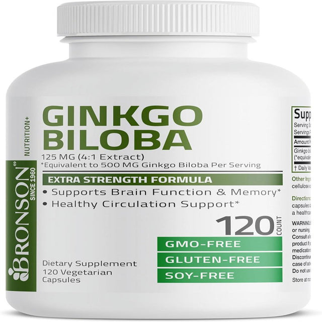 Bronson Ginkgo Biloba Extra Strength 125Mg (4:1 Extract) Equivalent to 500Mg per Serving - Supports Brain Function & Memory Support, 120 Vegetarian Capsules 120 Count (Pack of 1)