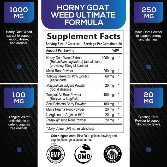 Extra Strength Horny Goat Extract for Men & Women - 1590Mg 3X Strength, Performance, Energy, Stamina with Maca, Saw Palmetto, Ginseng, L-Arginine & Tongkat Hornygoatweed Supplement - 60 Capsules