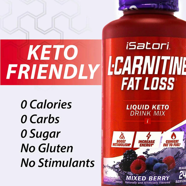 Isatori L-Carnitine 1500, Mixed Berry Flavor, Liquid L-Carnitine with Acetyl L-Carnitine, L-Carnitine L-Tartrate, Stimulant Free Energy, No Calories, Sugar, Gluten, Keto-Friendly (24 Servings)