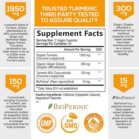 Turmeric Curcumin with Bioperine & Ginger 95% Standardized Curcuminoids 1950Mg - Black Pepper for Max Absorption, Natural Joint Support, Nature'S Tumeric Extract Supplement, Vegan - 240 Capsules