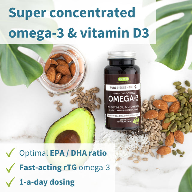 Igennus Omega-3 Wild Fish Oil & Vitamin D3, High Strength Omega-3 EPA & DHA, Lemon, 60 Softgels