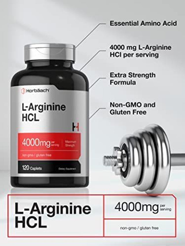 L-Arginine 4000Mg | 120 Caplets | Maximum Strength Nitric Oxide Precursor | Vegetarian, Non-Gmo, Gluten Free Supplement | by Horbaach