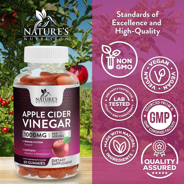 Nature'S Nutrition Apple Vinegar Gummy for Weight Loss 1000Mg - Vegan Apple Cider Vinegar Gummies for Detox & Cleanse, ACV Supplement Pills, Vitamin B12, Beetroot & Pomegranate, Non-Gmo - 60 Gummies