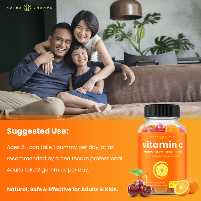 Nutrachamps Vitamin C Gummies for Adults & Kids | 5-In-1 Immune System Support with Elderberry, Rosehips, Citrus Bioflavonoids & Acerola Cherry | Vegan Non-Gmo Immune Booster Supplement Chewable Gummy