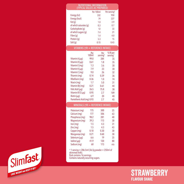 Slimfast Healthy Shake for Balanced Diet Plan with Vitamins and Minerals, High in Fibre, Meal Replacement, Strawberry Flavour, 50 Servings, 1.825 Kg