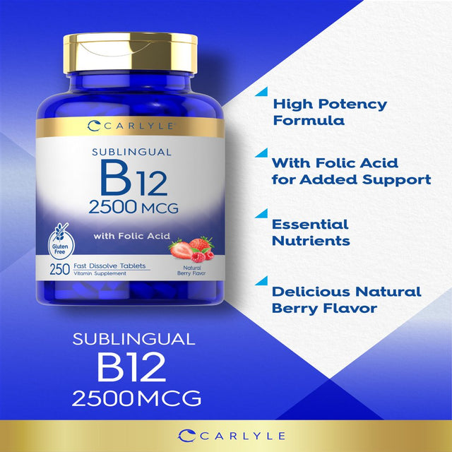 Vitamin B12 Sublingual 2500 Mcg | 250 Tablets | Natural Berry Flavor | Vegetarian Formula | by Carlyle