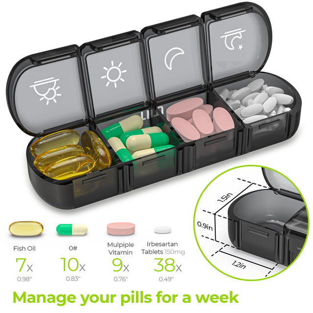 AUVON Weekly Pill Organizer 4 Times a Day, Large Daily Pill Box 7 Day Portable for Travel, Light-Proof Pill Case (Black)