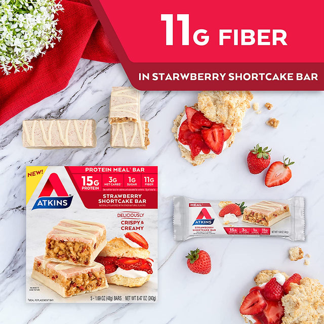 Atkins Strawberry Shortcake Protein Meal Bar, High Fiber, 1G Sugar, 3G Net Carb Meal Replacement, Keto Friendly, 30 Count