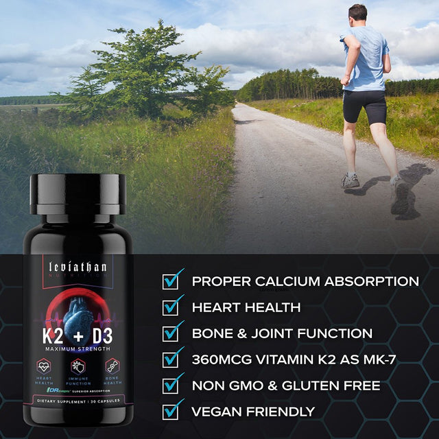 Leviathan Nutrition K2&D3 | Vitamin K2 (MK7) (360Mcg) + Vitamin D3 (5000 IU) Vegan All Natural Extra Strength Supplement - Bone and Heart Health for Men and Women