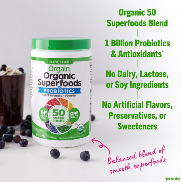 Orgain Vegan Organic Greens & 50 Superfoods Powder- 1B Probiotics, Original Flavor, 0.62Lb