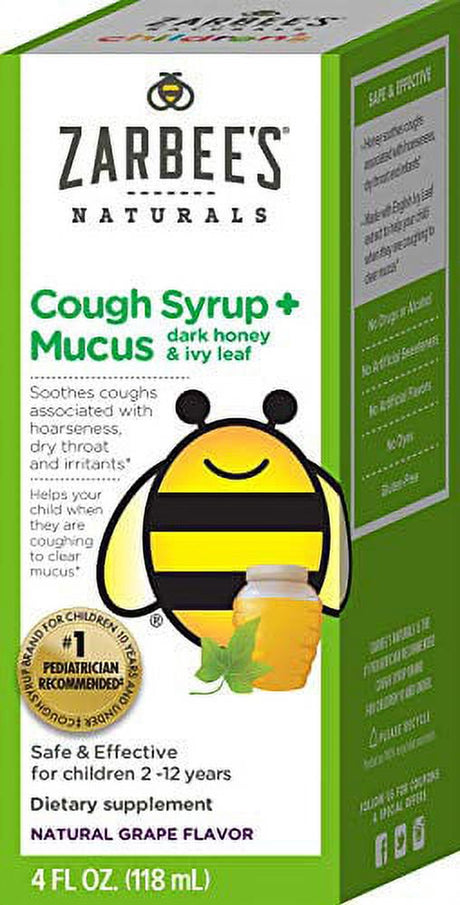 Zarbee'S Children'S Cough Syrup + Mucus with Dark Honey, Vitamin C, Zinc & Ivy Leaf Extract, Drug & Alcohol-Free, Grape Flavor, 4Fl Oz