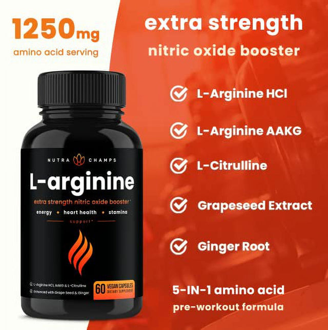 Premium L Arginine Nitric Oxide Supplement | Extra Strength for Energy, Muscle Growth, Heart Health, Vascularity & Stamina | Powerful NO Booster Capsules with L-Arginine & L-Citrulline Powder