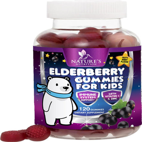 Elderberry Gummies for Kids with Vitamin C, Zinc & Sambucus Black Elderberry Extract - Daily Childrens Immune Support Vitamins Gummy Supplement, Non-Gmo, Vegan, Natural Berry Flavor - 120 Gummies