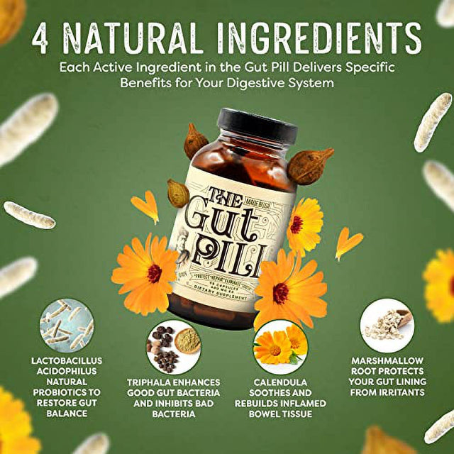 The Gut Pill 90 Capsules - Natural Gut Health Supplements for Men & Gut Health Supplements for Women with Marshmallow Root Herb, Calendula Flower, Triphala Fruits, and Lactobacillus Acidophilus