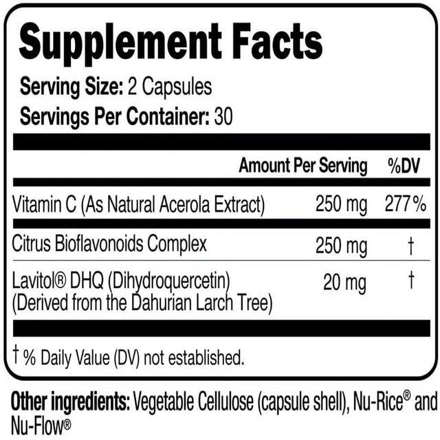 100% Natural Vitamin C from Acerola Cherry with Lavitol DHQ Dihydroquercetin plus 250 Mg Citrus Bioflavonoids - 250 Mg, 60 Capsules