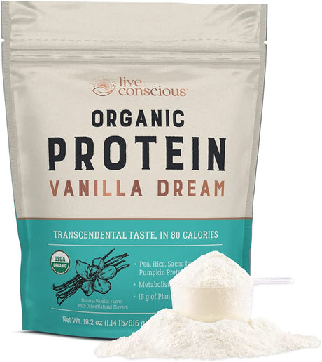 Live Conscious Organic Pea Protein Powder - Vanilla Dream Flavor | Plant-Based Vegan Protein Blend - Pea, Brown Rice, Pumpkin, Sacha Inchi | 20 Servings 18.2 Oz